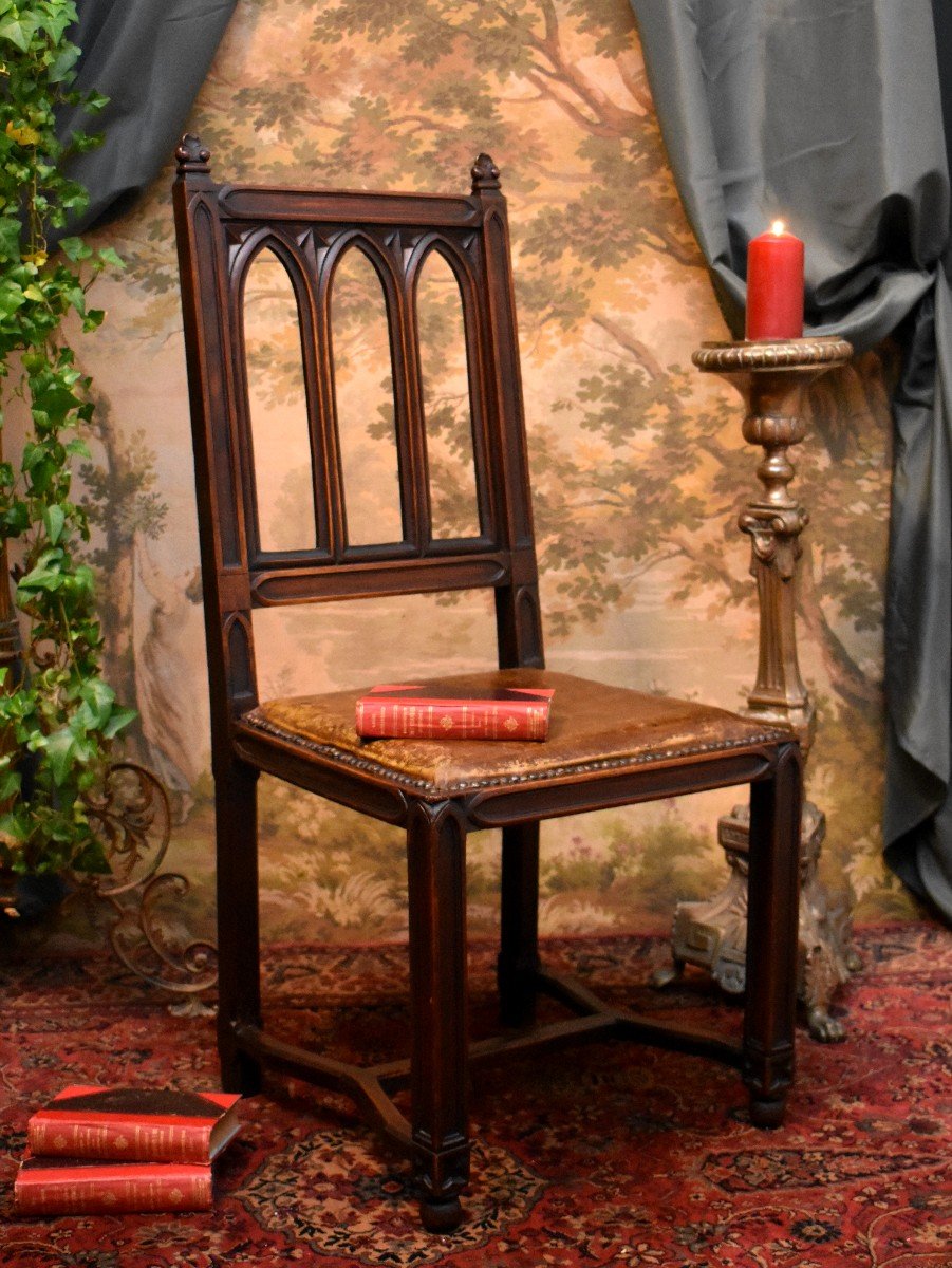 Gothic Style Chair, Leather Seat, Office Chair, 19th Century