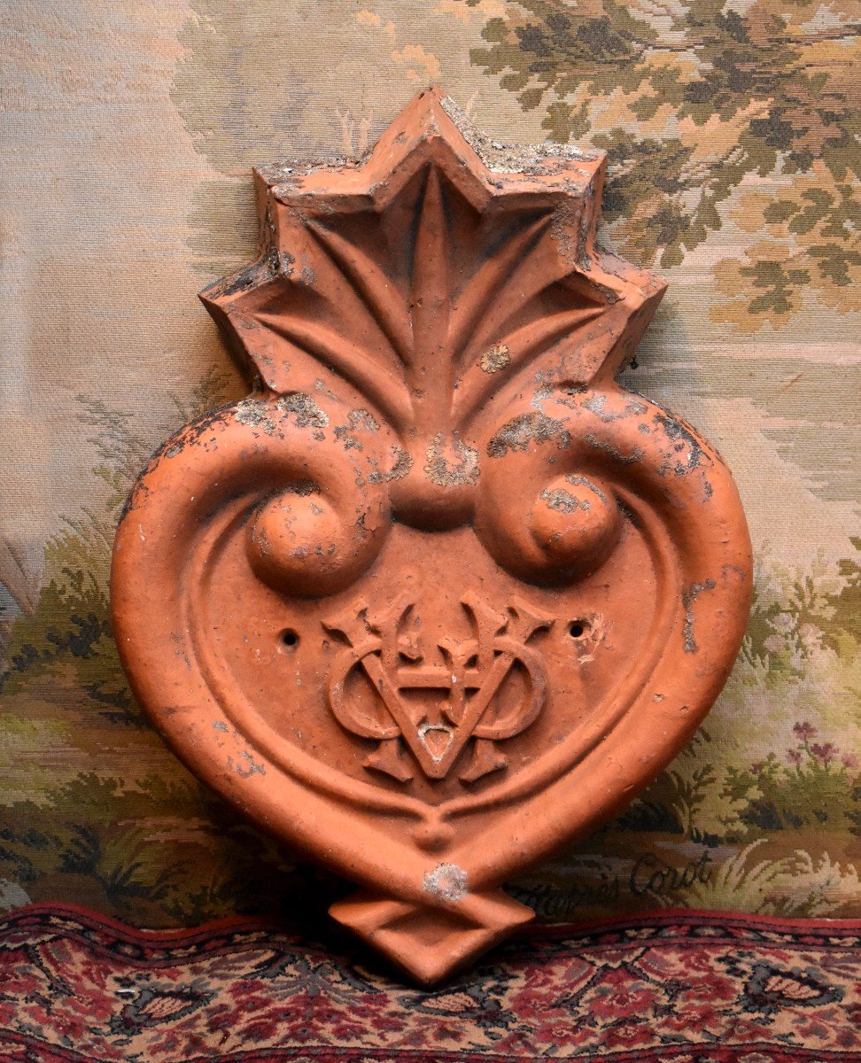  Terracotta Pediment, Top Of Entrance Door, Immaculate Monogrammed Heart, 19th Century-photo-2