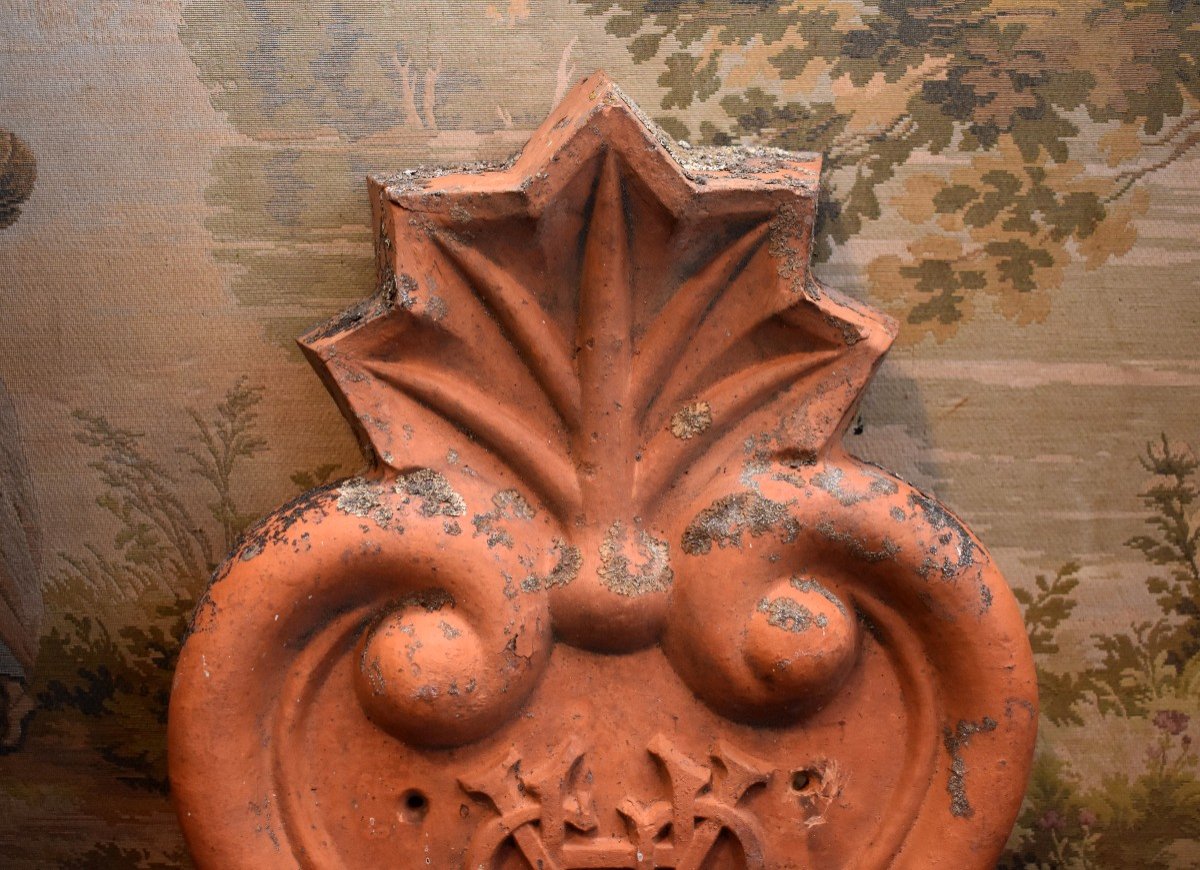  Terracotta Pediment, Top Of Entrance Door, Immaculate Monogrammed Heart, 19th Century-photo-3