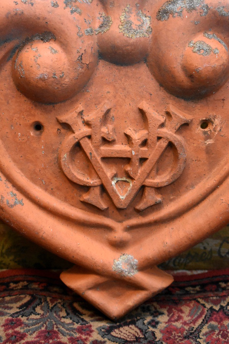  Terracotta Pediment, Top Of Entrance Door, Immaculate Monogrammed Heart, 19th Century-photo-2