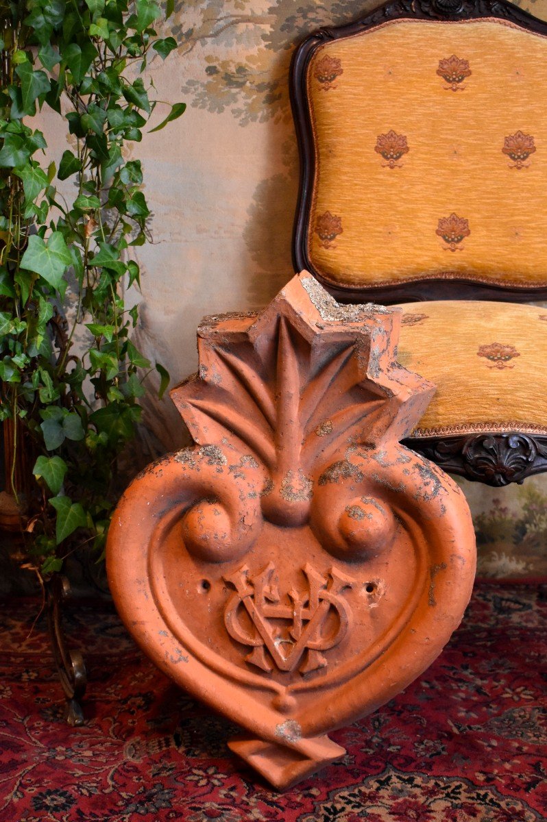  Terracotta Pediment, Top Of Entrance Door, Immaculate Monogrammed Heart, 19th Century