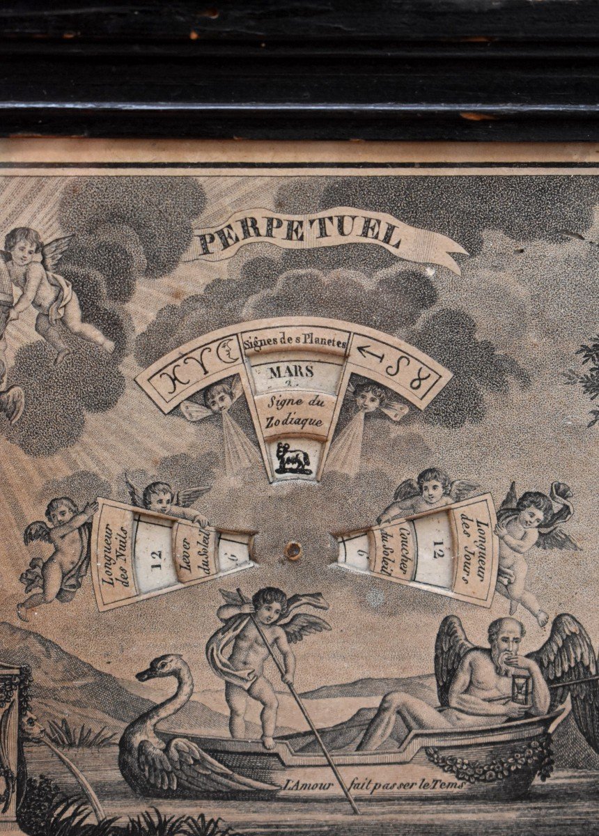  Rare Gravure d'époque Empire Formant Calendrier Perpétuel , Encadrée Sous Verre, Début XIX ème