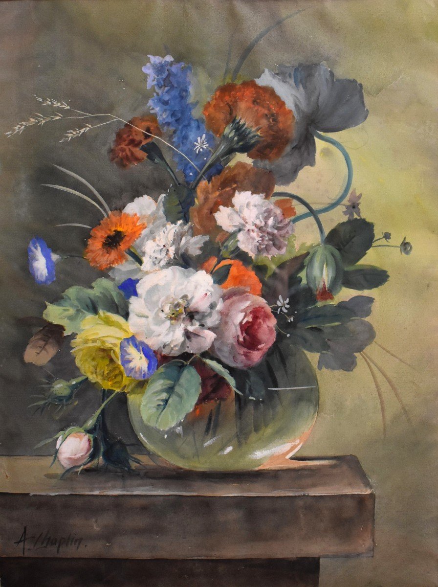 Arthur Chaplin (1869-1935), Bouquet Of Flowers On Entablature, Framed Watercolor-photo-3