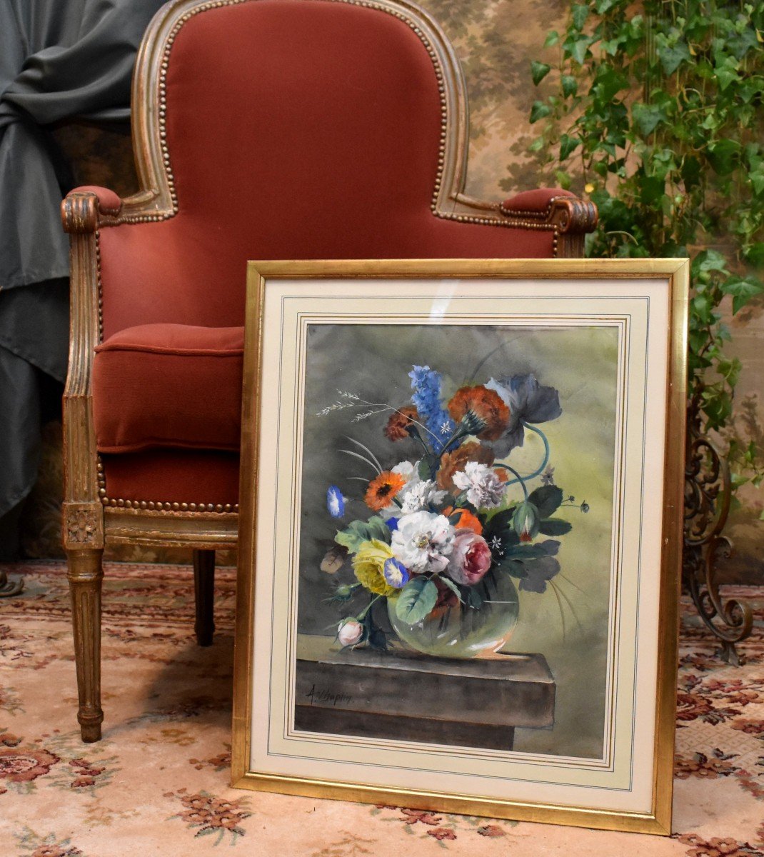 Arthur Chaplin (1869-1935), Bouquet Of Flowers On Entablature, Framed Watercolor-photo-2