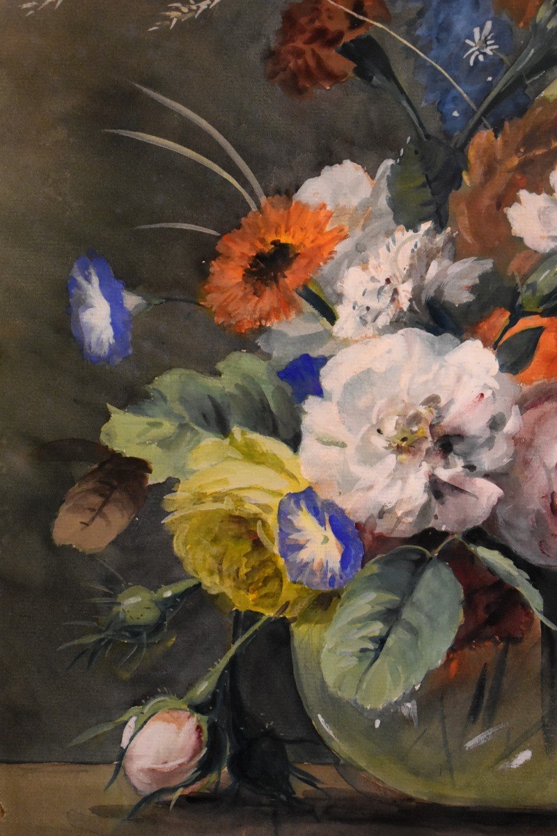 Arthur Chaplin (1869-1935), Bouquet Of Flowers On Entablature, Framed Watercolor-photo-2