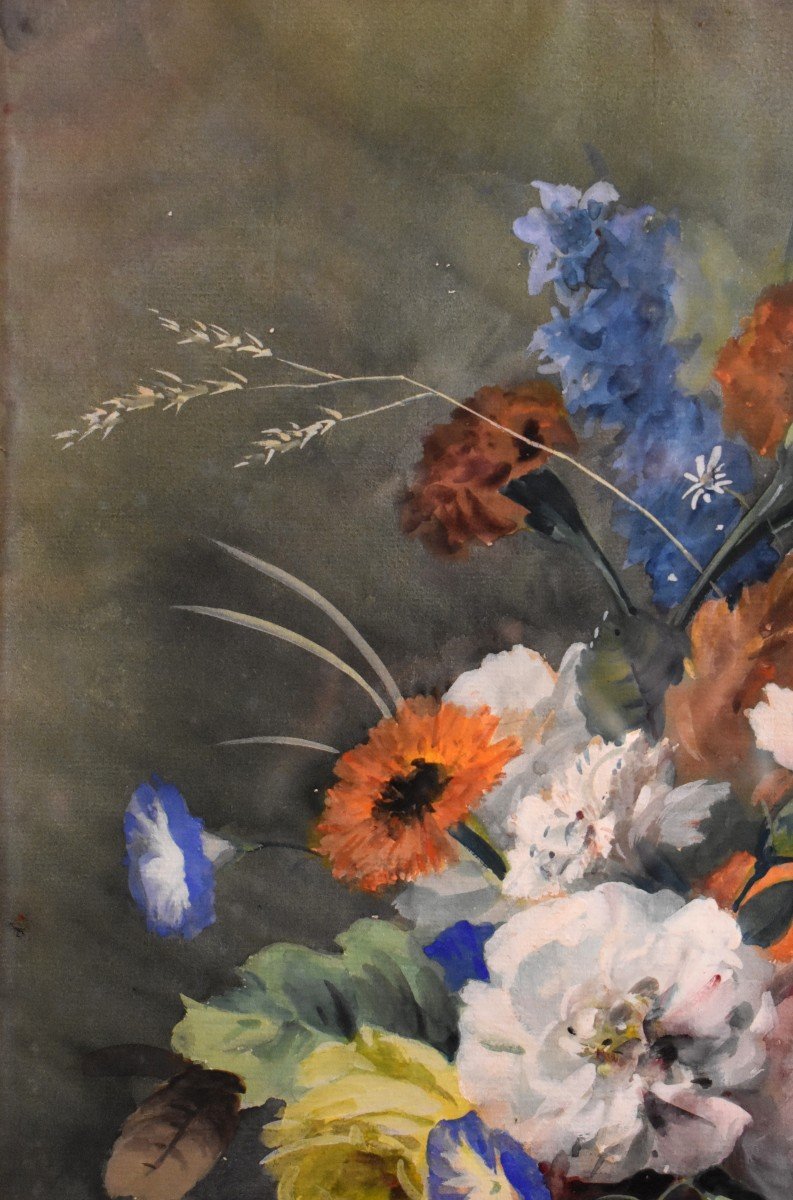 Arthur Chaplin (1869-1935), Bouquet Of Flowers On Entablature, Framed Watercolor-photo-3