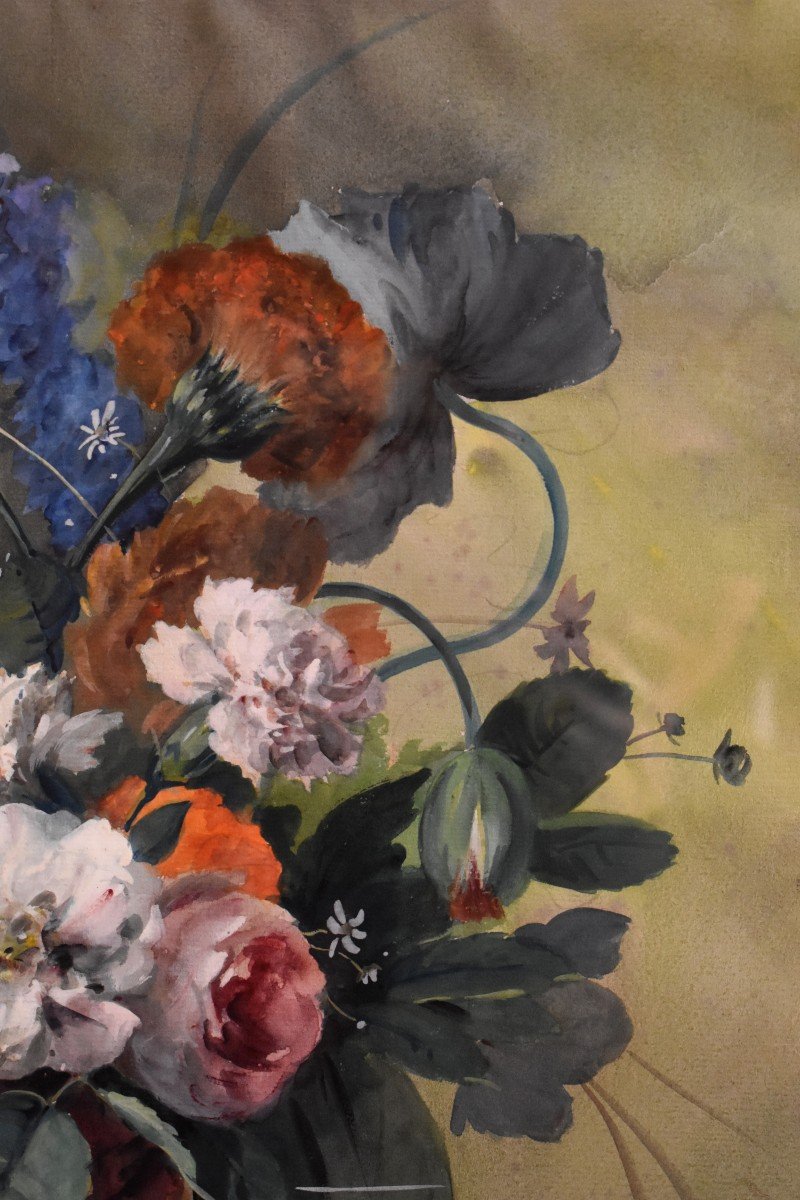 Arthur Chaplin (1869-1935), Bouquet Of Flowers On Entablature, Framed Watercolor-photo-4