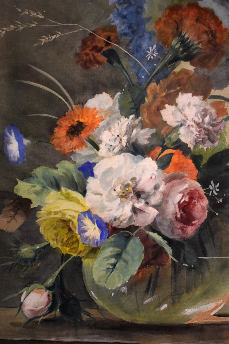 Arthur Chaplin (1869-1935), Bouquet Of Flowers On Entablature, Framed Watercolor-photo-6