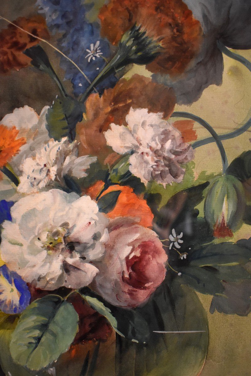 Arthur Chaplin (1869-1935), Bouquet Of Flowers On Entablature, Framed Watercolor-photo-7