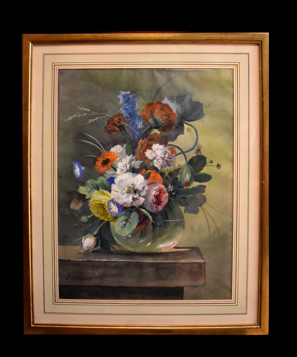 Arthur Chaplin (1869-1935), Bouquet Of Flowers On Entablature, Framed Watercolor