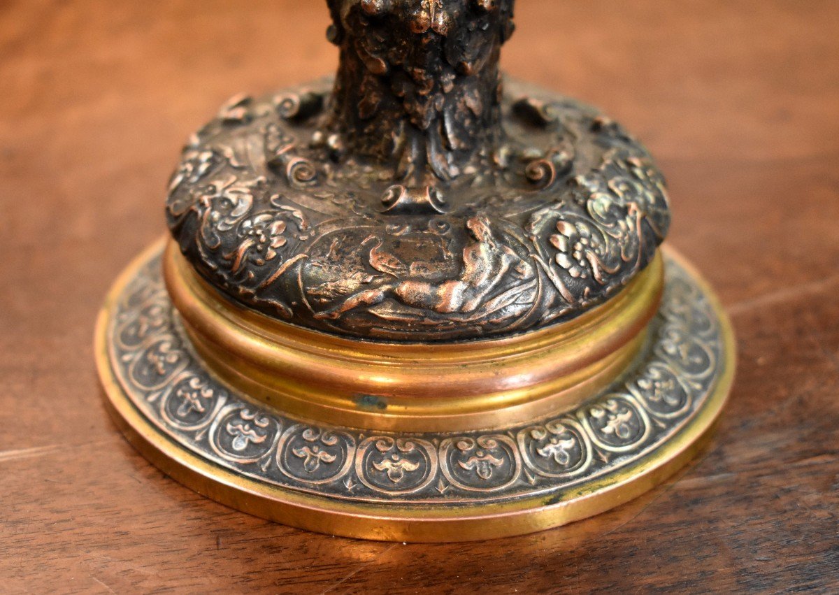 Cup On Foot, Empty Pocket With Mythological Scene Decor, Bronze, Brass And Copper, 19th Century-photo-1