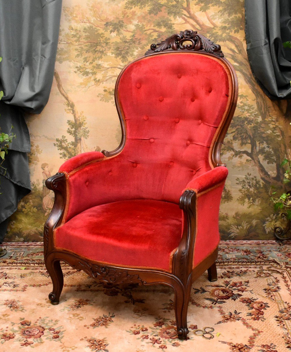 Grande Bergère En Acajou Sculpté, Epoque Napoleon III, XIX ème-photo-3