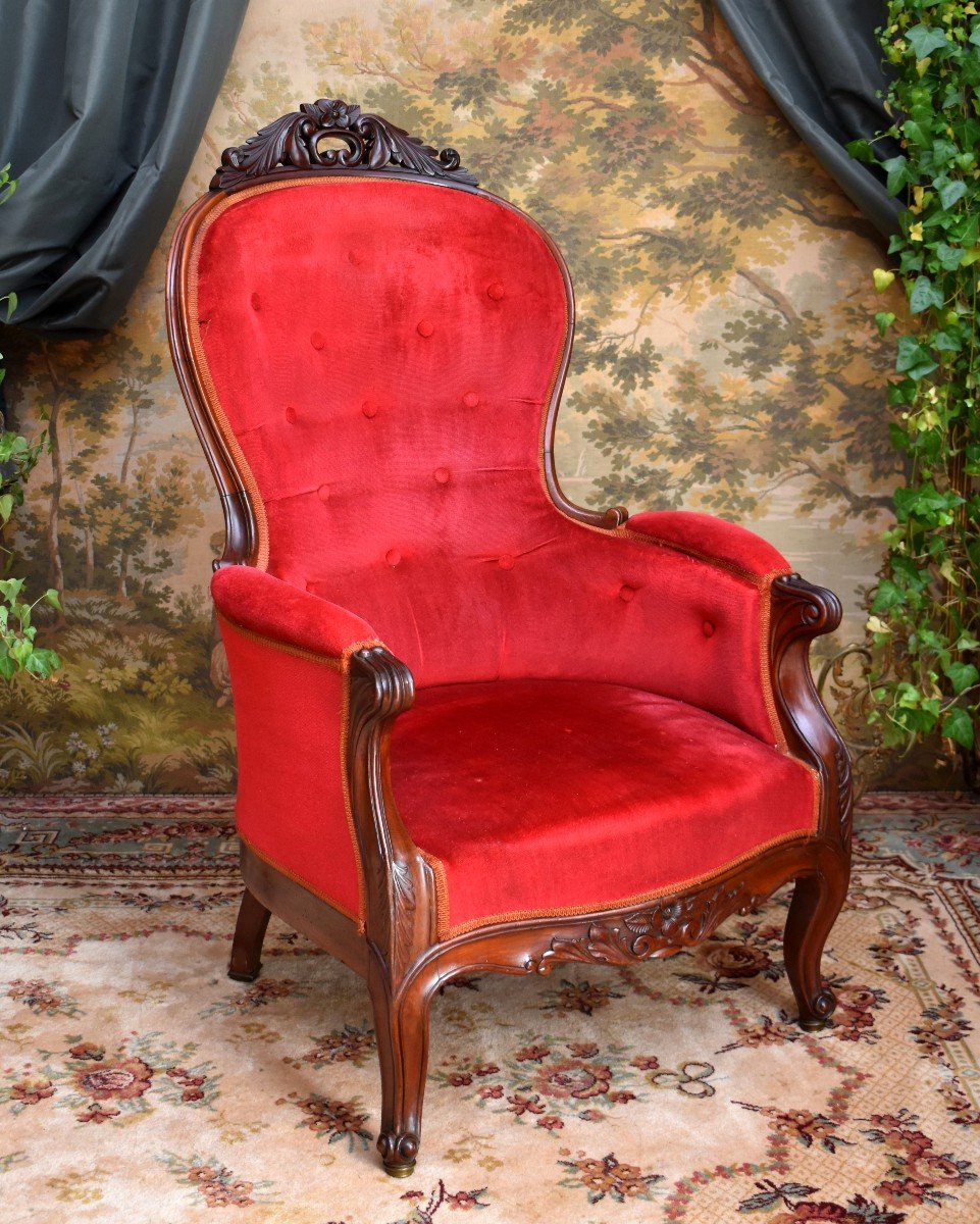 Grande Bergère En Acajou Sculpté, Epoque Napoleon III, XIX ème