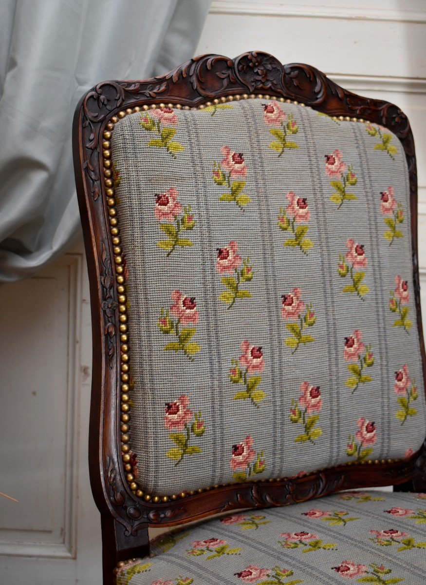 Louis XV Style Chair With Wide Back, Walnut And Demi Point Tapestry, 19th Century-photo-5