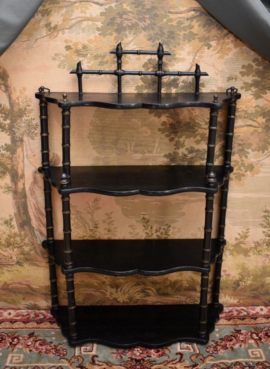Japanese Wall Shelf From The Napoleon III Period, Bamboo Decor, Black And Gold Lacquered, 19th Century-photo-2