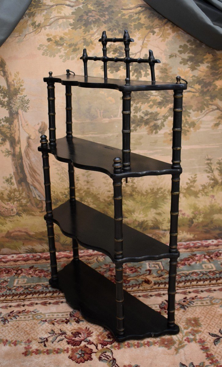 Japanese Wall Shelf From The Napoleon III Period, Bamboo Decor, Black And Gold Lacquered, 19th Century-photo-4