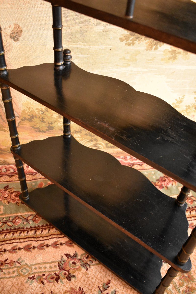 Japanese Wall Shelf From The Napoleon III Period, Bamboo Decor, Black And Gold Lacquered, 19th Century-photo-4