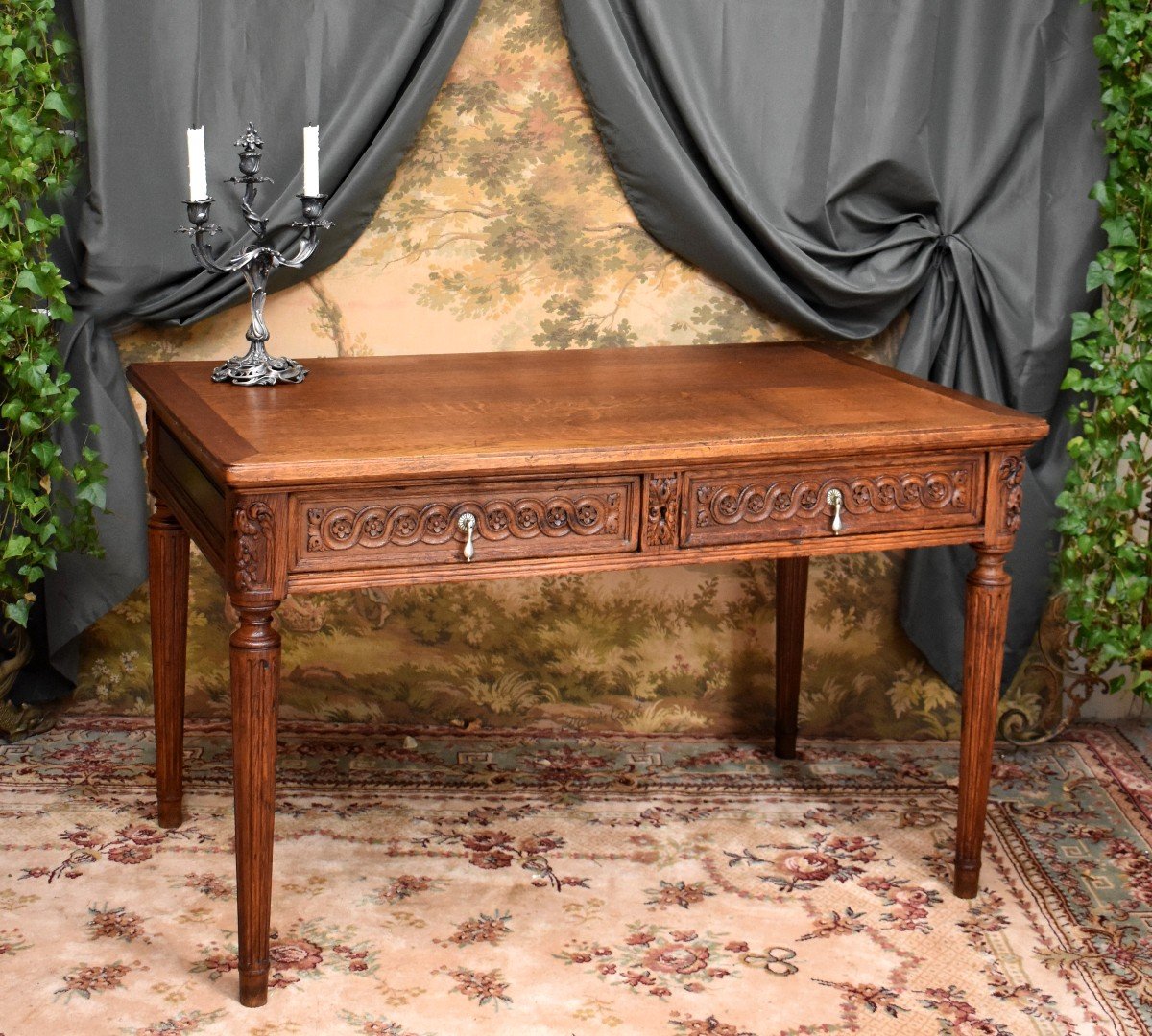 Bureau De Milieu En Ch&ecirc;ne Sculpt&eacute; de Style Louis XVI, Table &agrave; Ecrire, Epoque XIX &egrave;me-photo-2