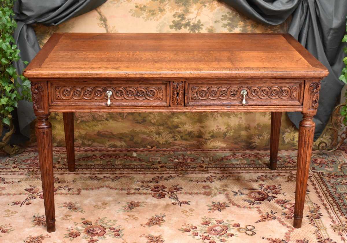 Bureau De Milieu En Ch&ecirc;ne Sculpt&eacute; de Style Louis XVI, Table &agrave; Ecrire, Epoque XIX &egrave;me-photo-3