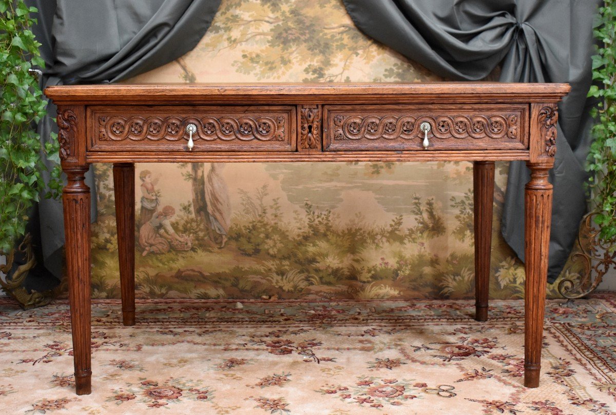 Bureau De Milieu En Ch&ecirc;ne Sculpt&eacute; de Style Louis XVI, Table &agrave; Ecrire, Epoque XIX &egrave;me-photo-4
