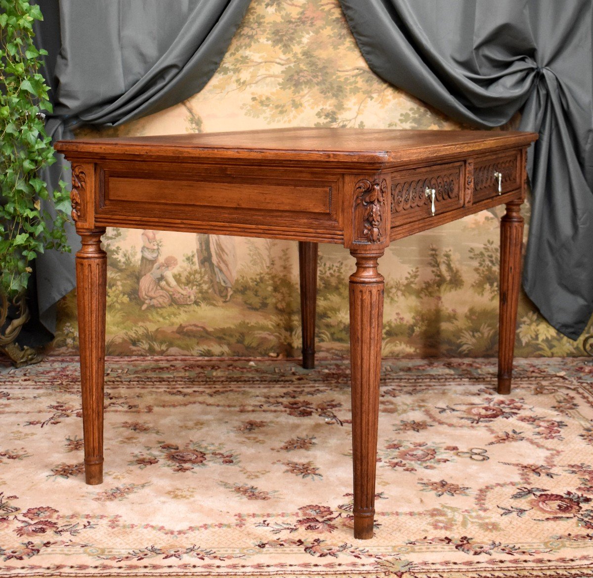 Bureau De Milieu En Ch&ecirc;ne Sculpt&eacute; de Style Louis XVI, Table &agrave; Ecrire, Epoque XIX &egrave;me-photo-1