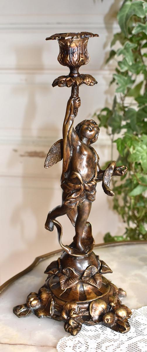 Paire De Bougeoirs En Bronze Aux  Anges, Signés Souchal, Putti, Fin XIX Eme-photo-4