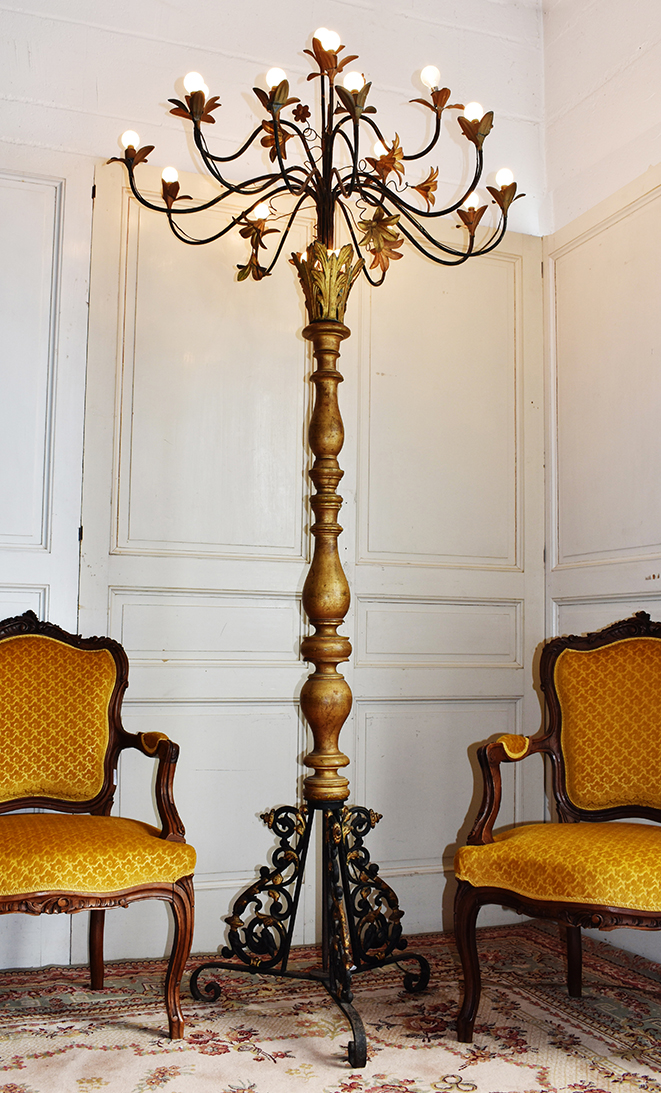 Très Grand Lampadaire à 18 Feux (2m35), Chandelier, Bois Doré, Laiton Et Fonte, Epoque XIXeme