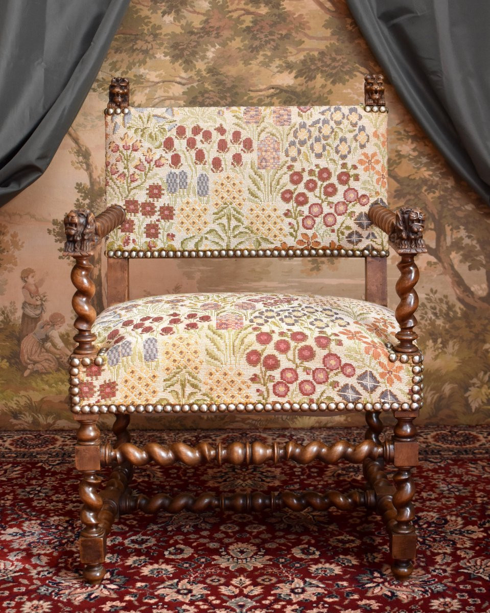 Armchair, Twisted Armchair With Reclining Lions, Renaissance / Louis XIII Style, 19th Century-photo-2