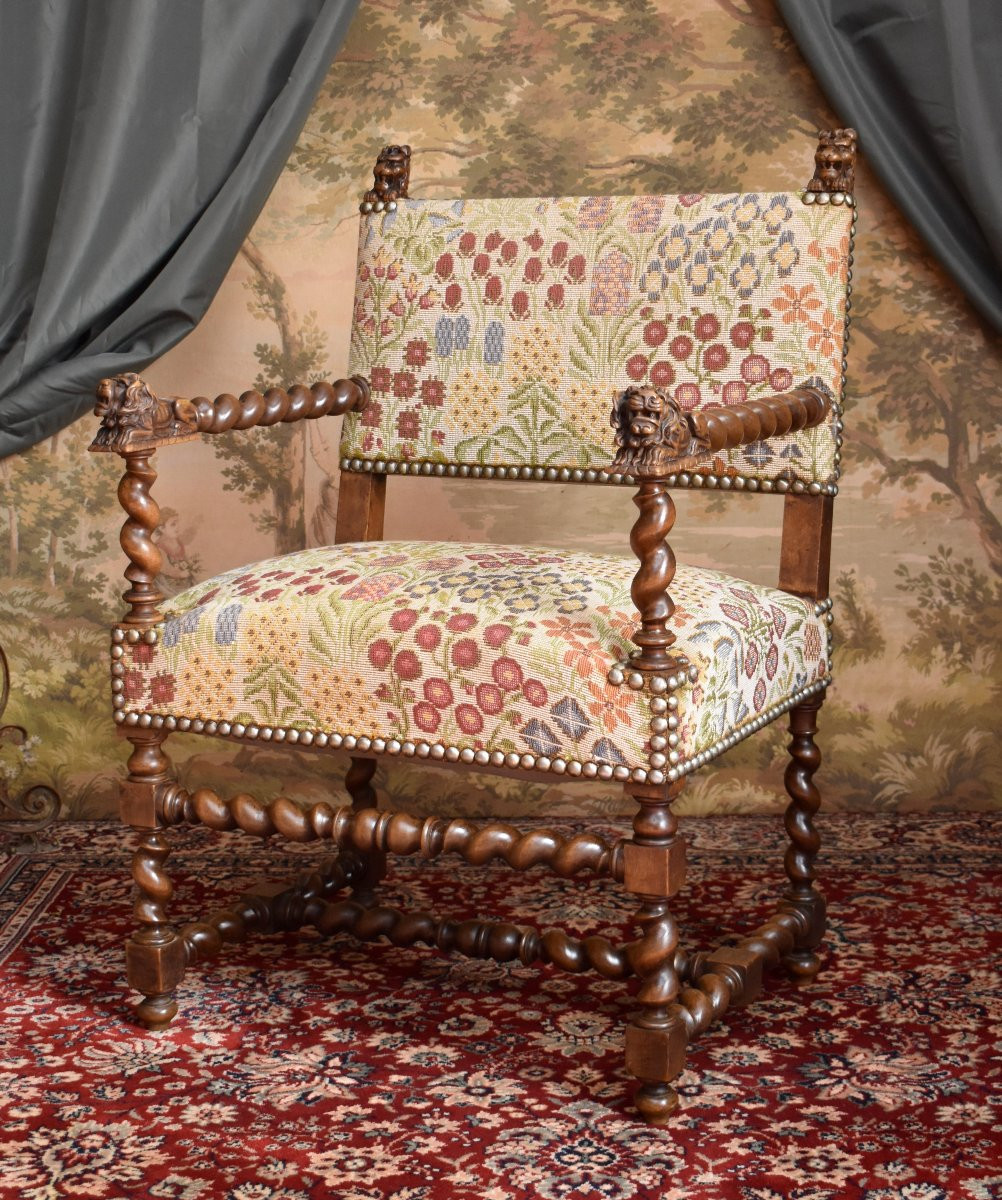 Armchair, Twisted Armchair With Reclining Lions, Renaissance / Louis XIII Style, 19th Century-photo-3