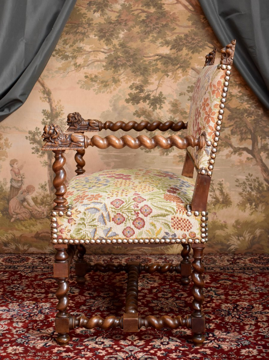 Armchair, Twisted Armchair With Reclining Lions, Renaissance / Louis XIII Style, 19th Century-photo-4
