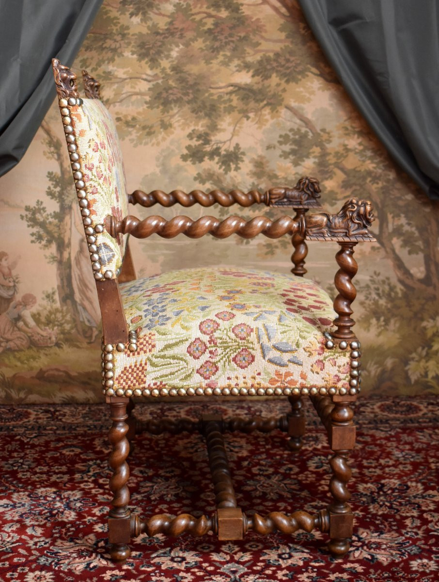 Armchair, Twisted Armchair With Reclining Lions, Renaissance / Louis XIII Style, 19th Century-photo-1