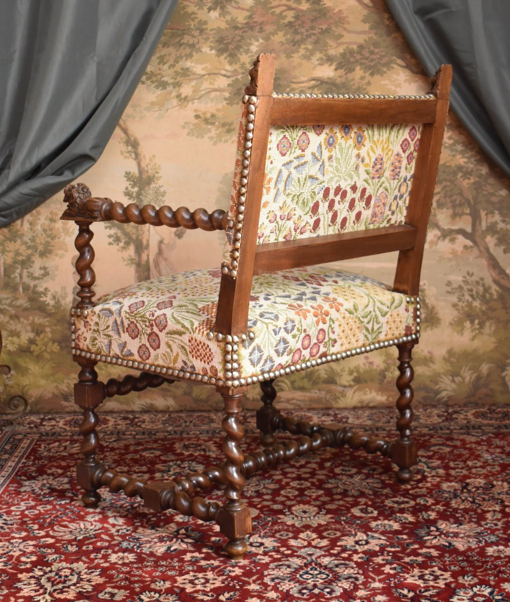 Armchair, Twisted Armchair With Reclining Lions, Renaissance / Louis XIII Style, 19th Century-photo-2