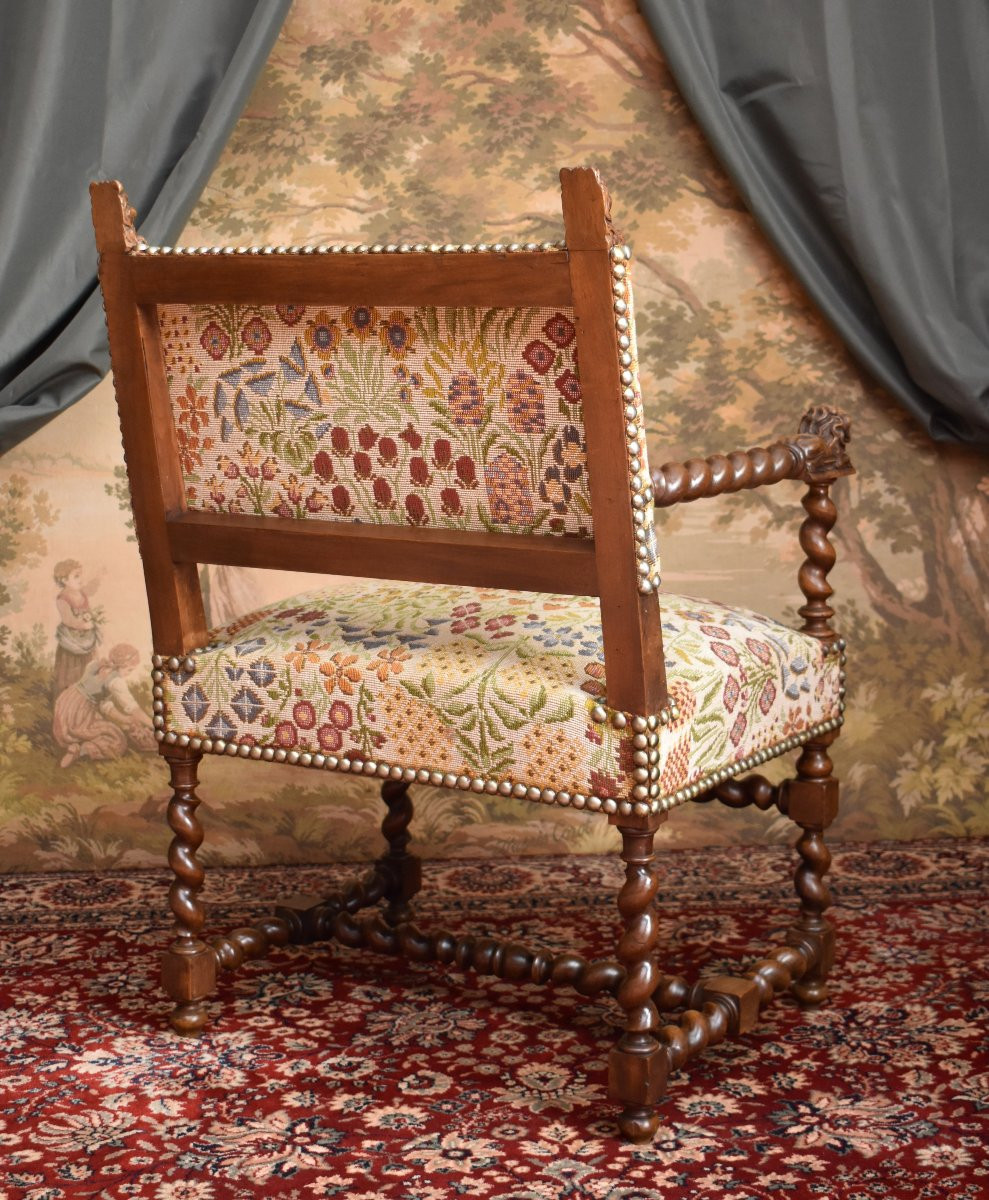 Armchair, Twisted Armchair With Reclining Lions, Renaissance / Louis XIII Style, 19th Century-photo-3