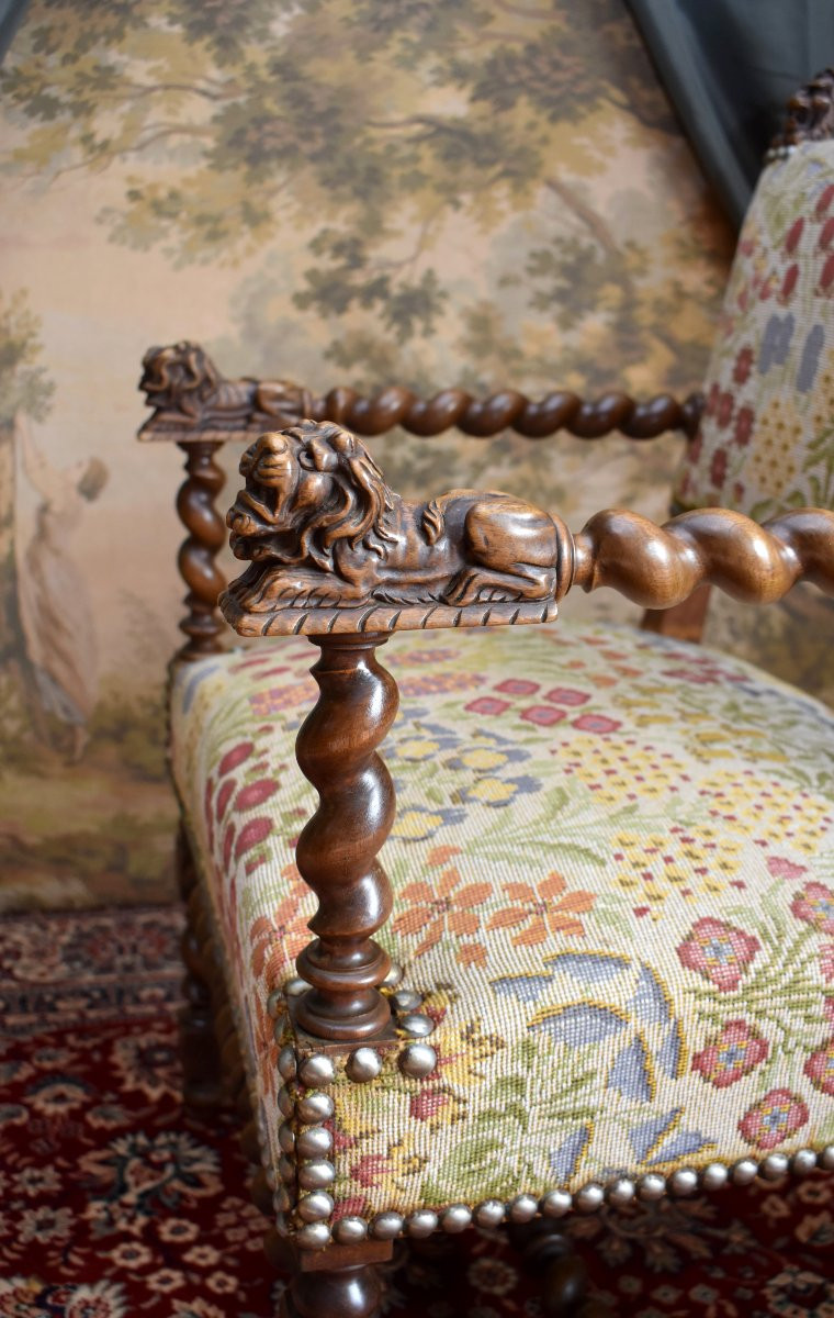 Armchair, Twisted Armchair With Reclining Lions, Renaissance / Louis XIII Style, 19th Century-photo-6