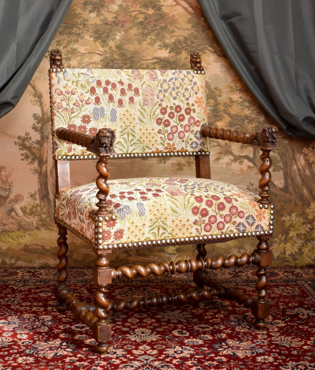 Armchair, Twisted Armchair With Reclining Lions, Renaissance / Louis XIII Style, 19th Century