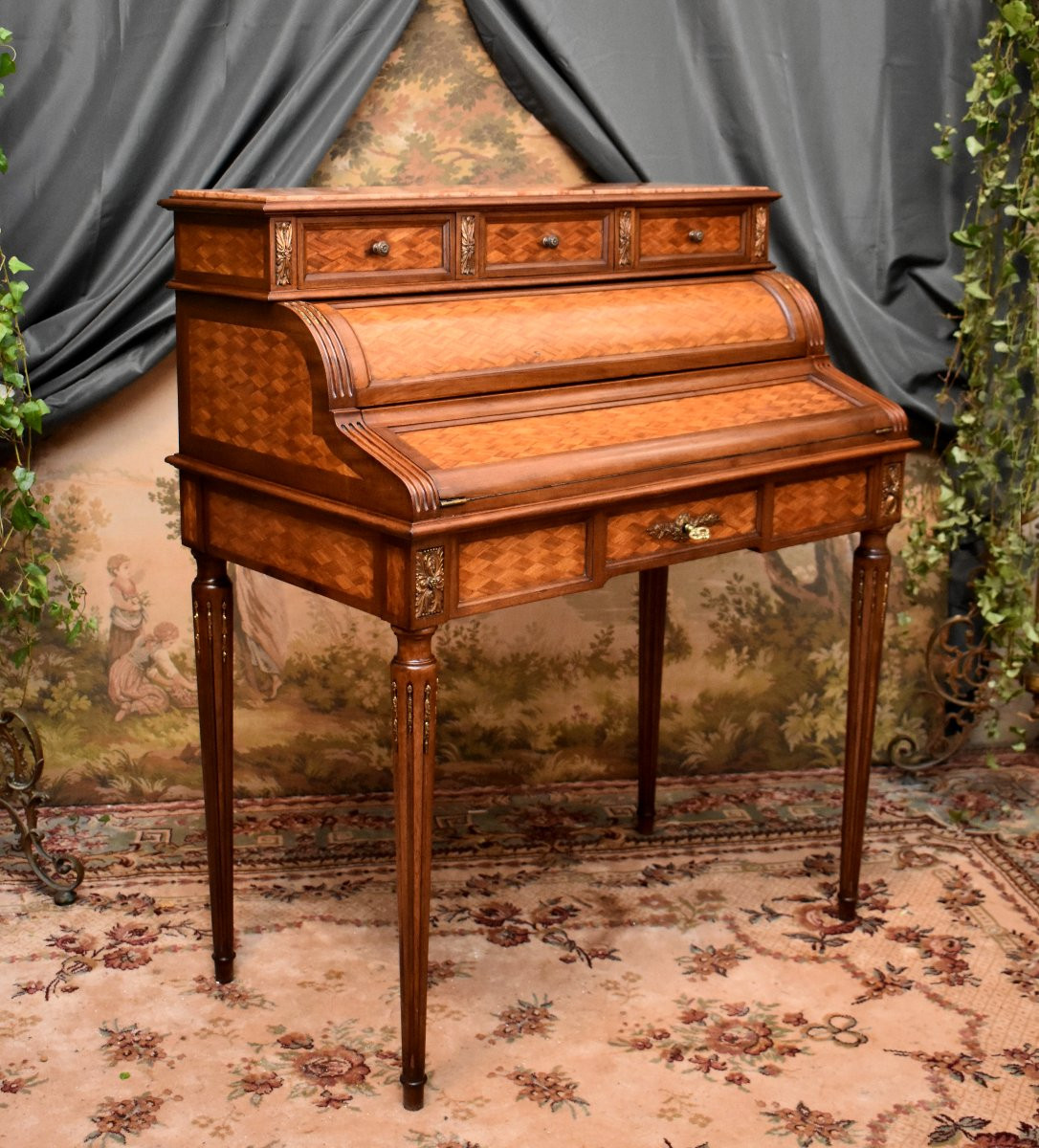 Bastet House In Lyon (1864-1935), Ladies' Desk With System, Inlaid Secretary, Cylinder-photo-2