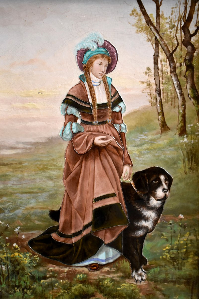 Attribué à Léon Sazerat , Femme De La Renaissance Et Son Chien , Plaque En Porcelaine Emaillée-photo-2