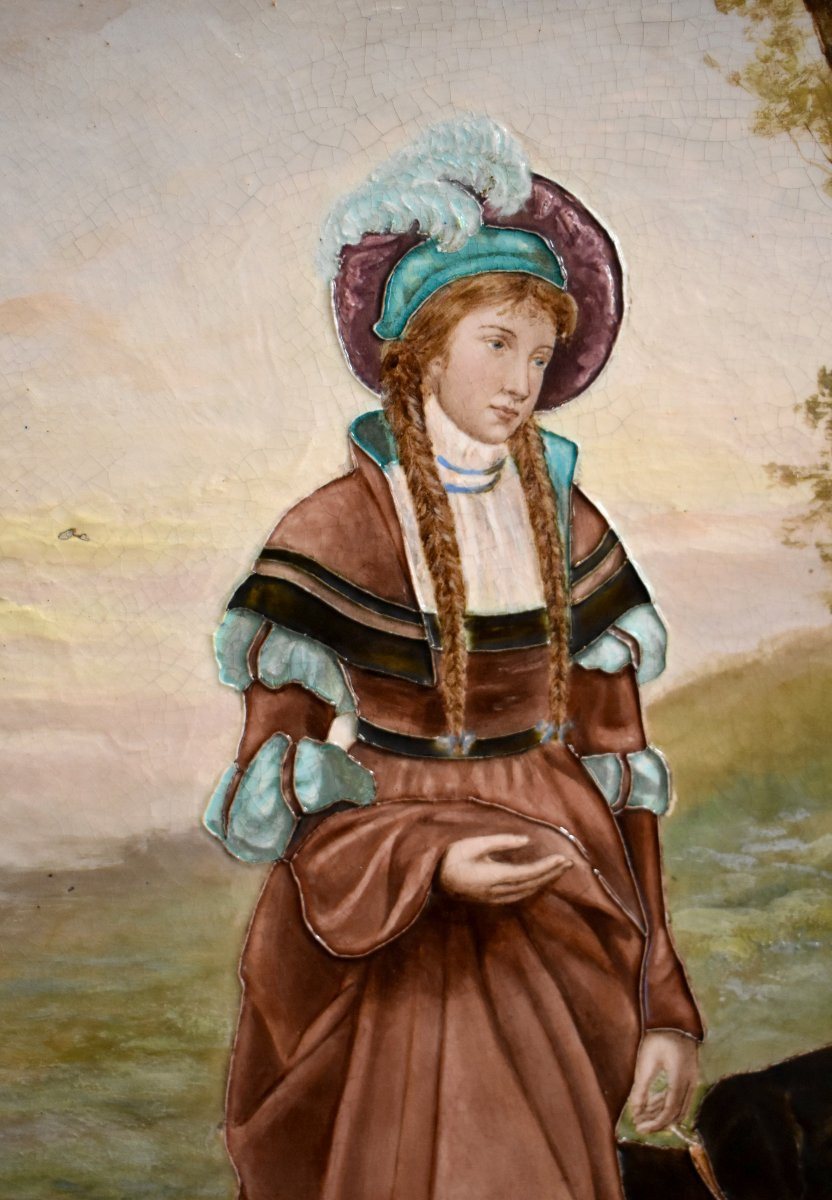 Attribué à Léon Sazerat , Femme De La Renaissance Et Son Chien , Plaque En Porcelaine Emaillée-photo-2