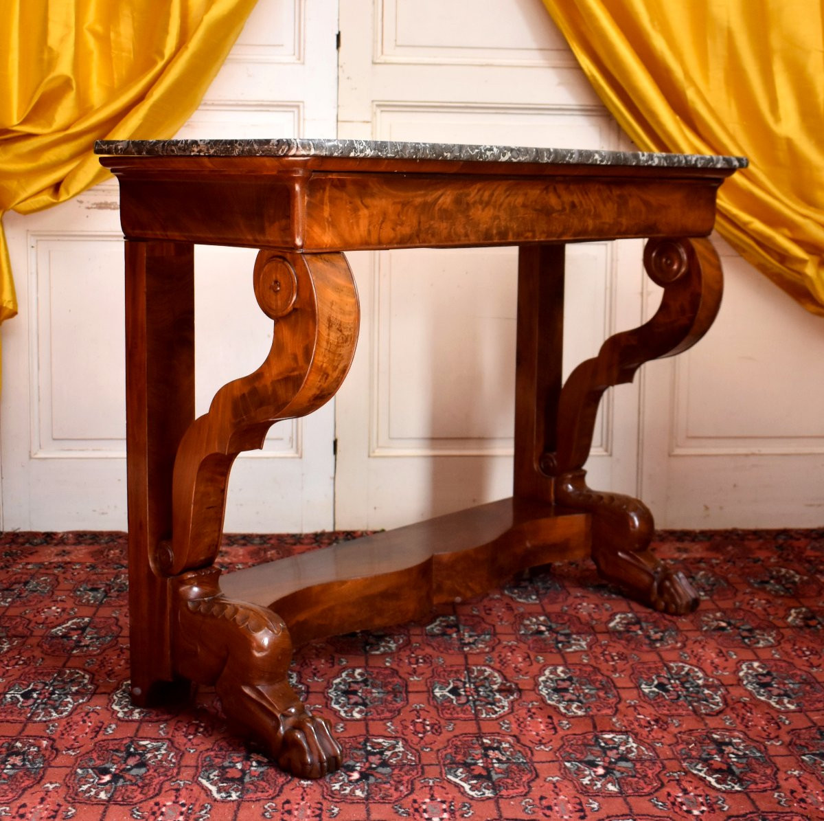 Restoration Period Console Table In Flamed Mahogany, Lion's Paw Base, Circa 1820-photo-2