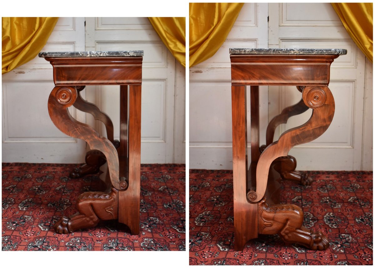Restoration Period Console Table In Flamed Mahogany, Lion's Paw Base, Circa 1820-photo-2