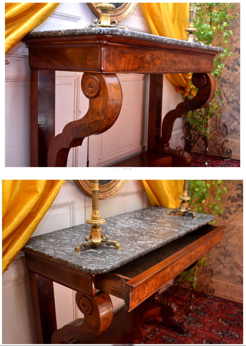 Restoration Period Console Table In Flamed Mahogany, Lion's Paw Base, Circa 1820-photo-3