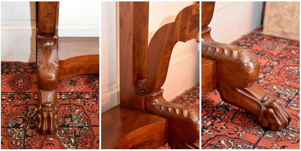 Restoration Period Console Table In Flamed Mahogany, Lion's Paw Base, Circa 1820-photo-6