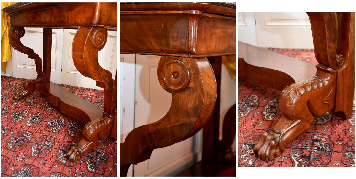 Restoration Period Console Table In Flamed Mahogany, Lion's Paw Base, Circa 1820-photo-7