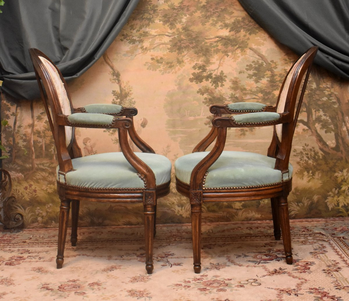 Pair Of Louis XVI Period Armchairs, Aubusson Tapestry Medallion Backs, Cabriolets -photo-1