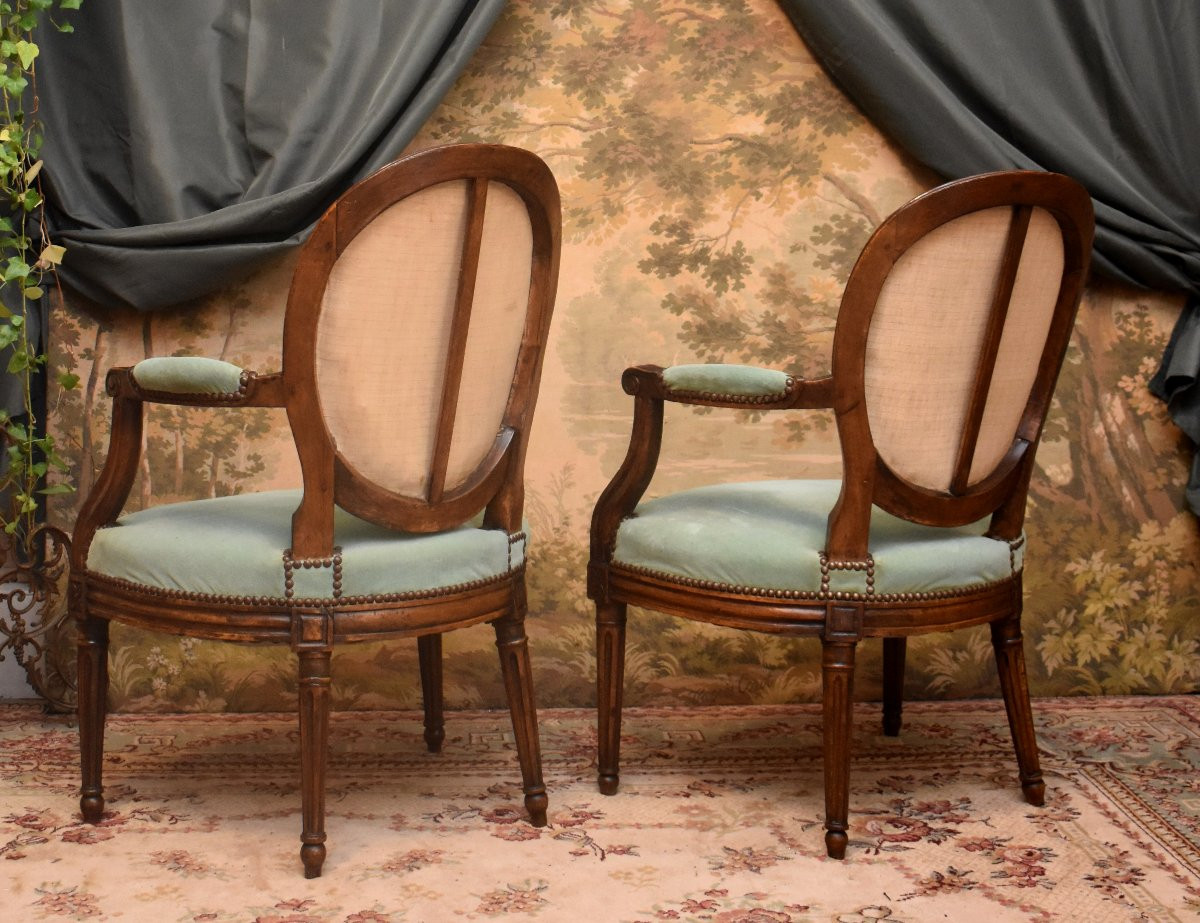 Pair Of Louis XVI Period Armchairs, Aubusson Tapestry Medallion Backs, Cabriolets -photo-3
