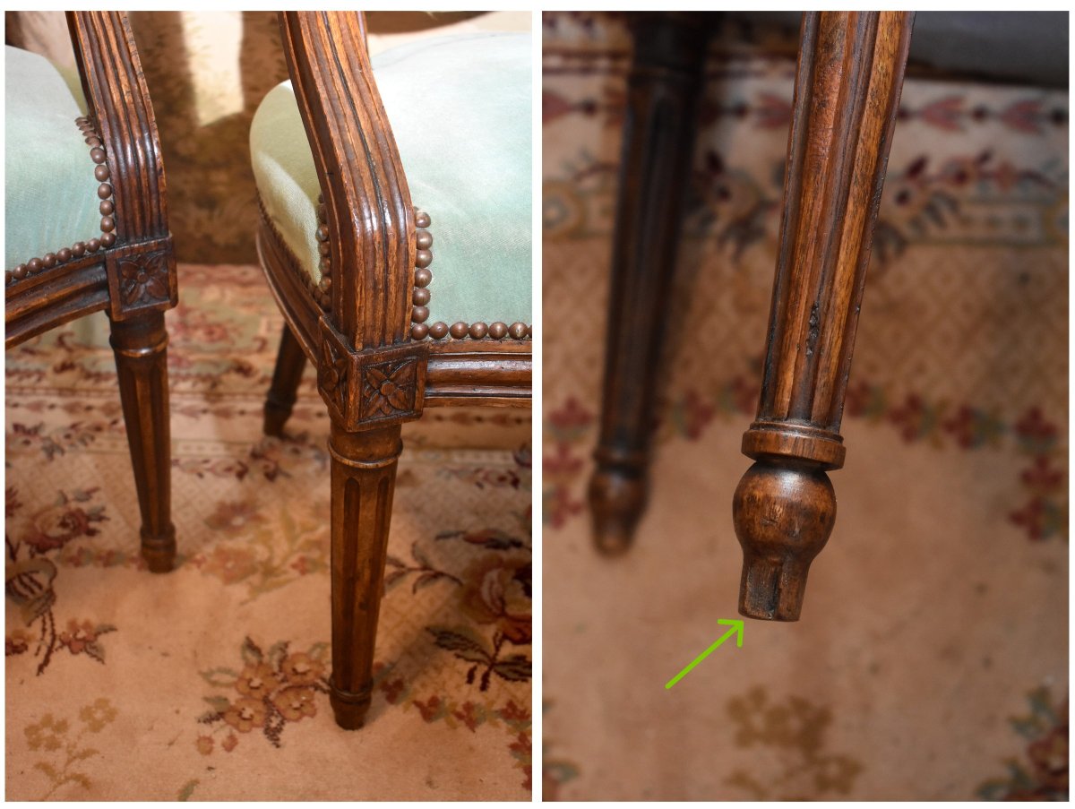 Pair Of Louis XVI Period Armchairs, Aubusson Tapestry Medallion Backs, Cabriolets -photo-7