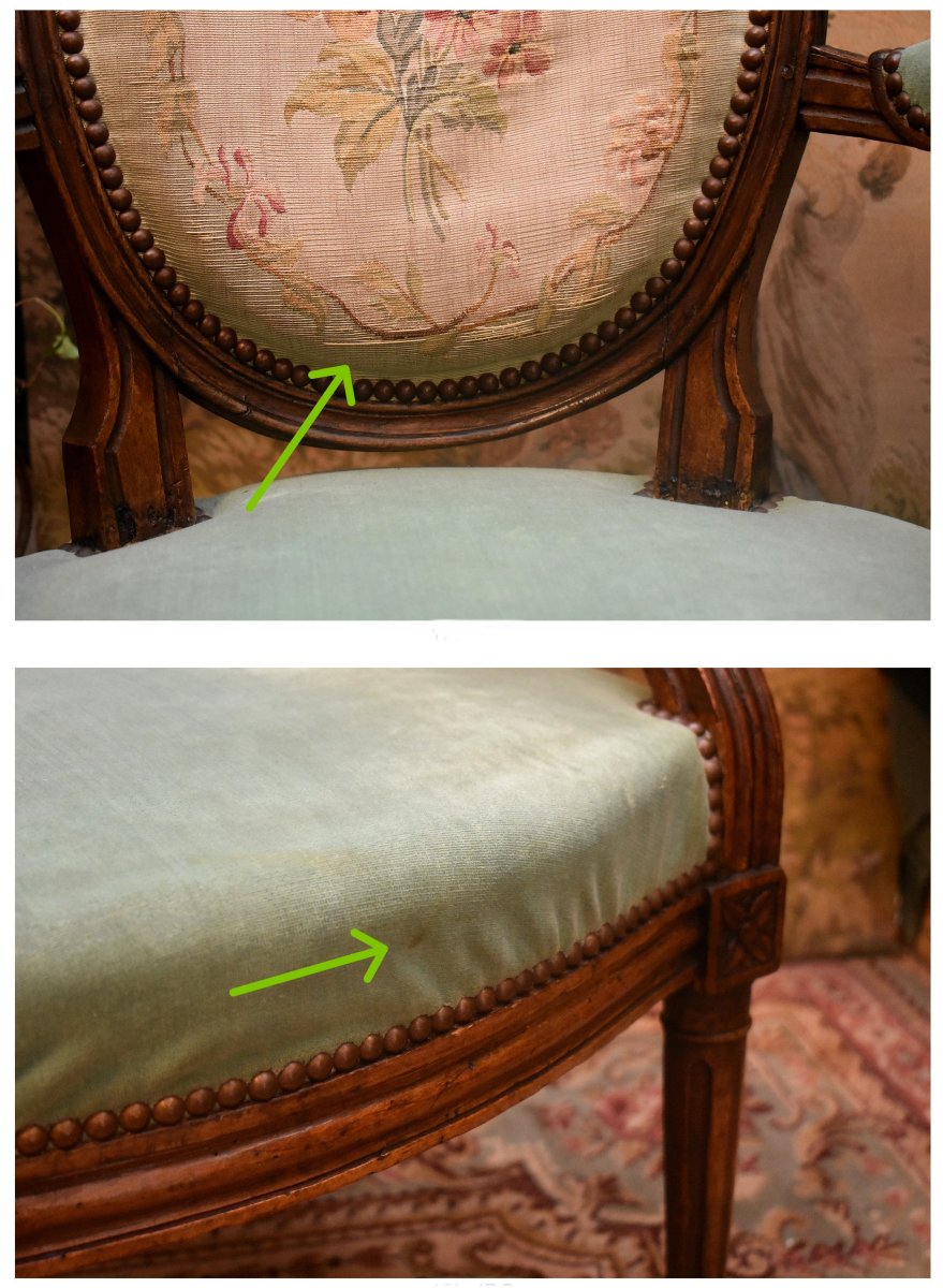Pair Of Louis XVI Period Armchairs, Aubusson Tapestry Medallion Backs, Cabriolets -photo-8
