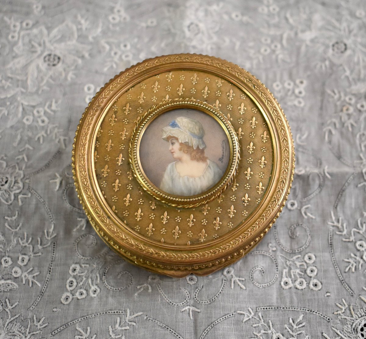 Jewelry Box, Signed Miniature Portrait Of A Young Woman With Charlotte, Signed, Late 19th Century-photo-3