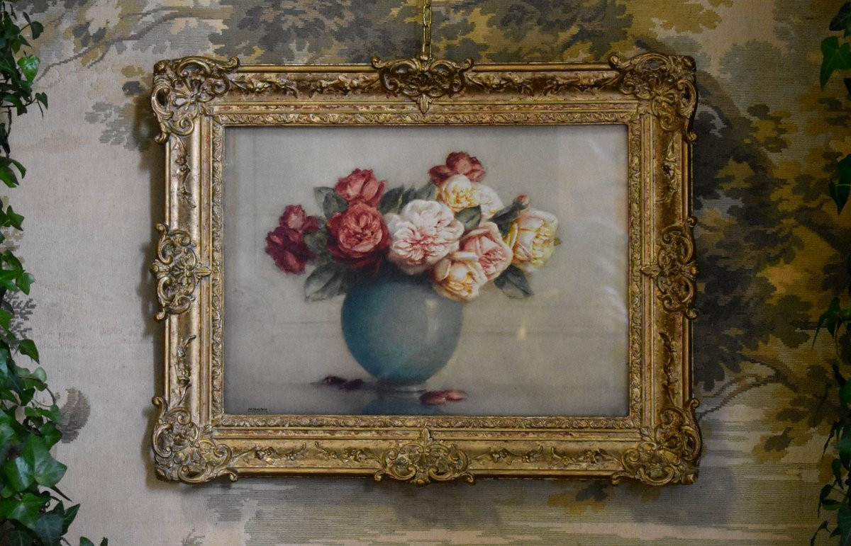 Isidore Rosenstock (1880-1956), Framed Watercolor, Bouquet Of Roses On Entablature-photo-2