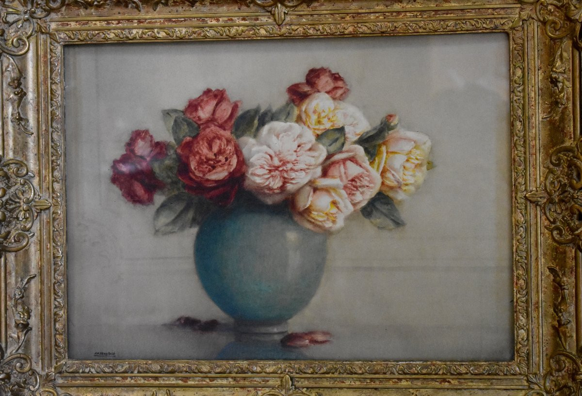Isidore Rosenstock (1880-1956), Framed Watercolor, Bouquet Of Roses On Entablature-photo-3